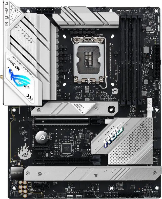 Alt view image 2 of 6 - ASUS ROG Strix B760-A Gaming WiFi D4 Intel B760 (13th and 12th Gen)   LGA 1700 white ATX motherboard, 12 + 1 power stages, DDR4, PCIe 5.0, three M.2 slots, WiFi 6E, USB 3.2 Gen 2x2 Type-C, and Aura Sync RGB
