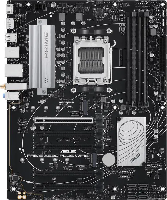 Alt view image 3 of 6 - PRIME A620-PLUS WIFI6 AMD A620 AM5 ATX motherboard, DDR5, PCIe 4.0 support, dual M.2 slots, WiFi 6, DisplayPort/HDMI™, Rear & Front USB 5Gbps Type-C®, SATA 6 Gbps, Two-Way AI Noise Cancelation, Aura Sync