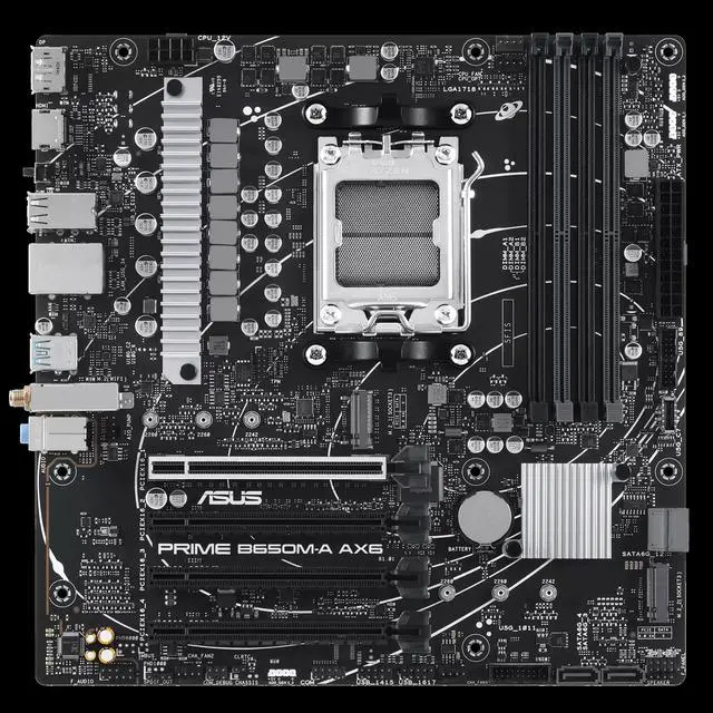 Main image of ASUS Prime B650M-A AX6 AMD B650 (Ryzen AM5) mATX Motherboard (DDR5, PCIe 5.0 M.2, Triple M.2, WiFi 6, USB 10Gbps Type-C, DP/HDMI, BIOS FlashBack, Aura Sync)