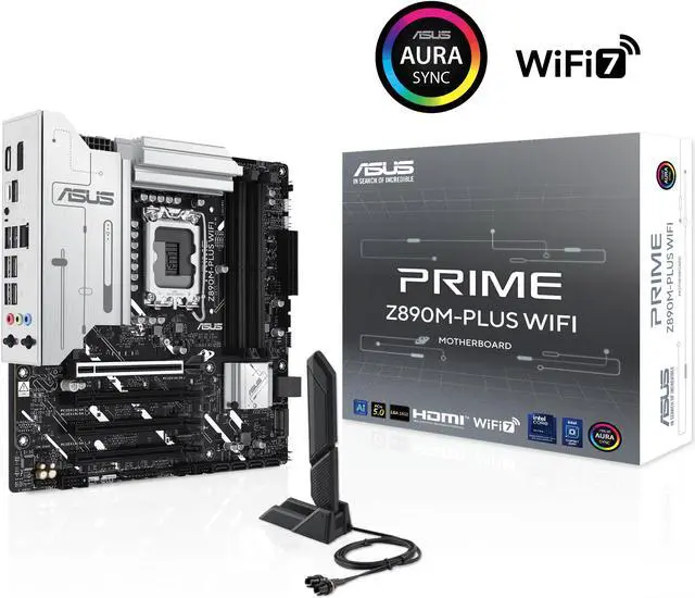 Main image of ASUS PRIME Z890M-PLUS WIFI Z890 LGA 1851 mATX motherboard, Intel® Core™ Ultra Series 2 Ready, Advanced AI PC-ready, 10+1+2+1 80A power stages, DDR5, PCIe® 5.0, USB Type-C®, 3x M.2, Wi-Fi 7, 2.5Gb LAN