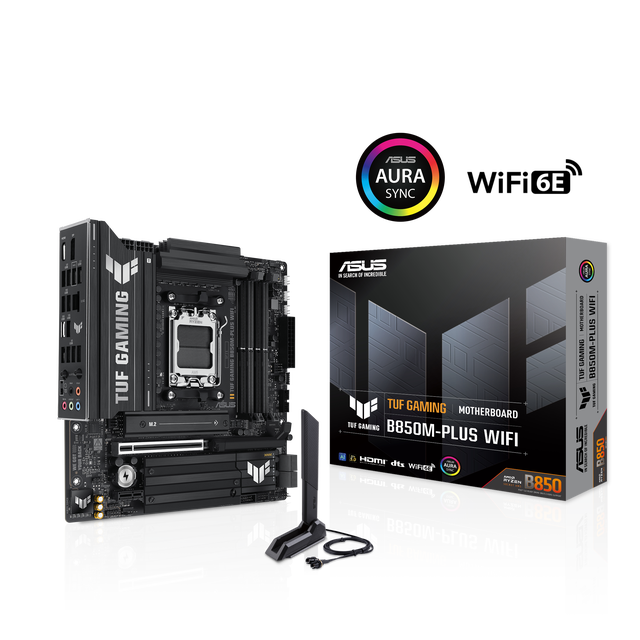 ASUS TUF GAMING B850M-PLUS WIFI AMD AM5 B850 mATX motherboard, 14+2+1 80A DrMOS stages, DDR5, PCIe 5.0, 3x M.2, Wi-Fi 6E, 2.5Gb LAN, DP, HDMI, USB