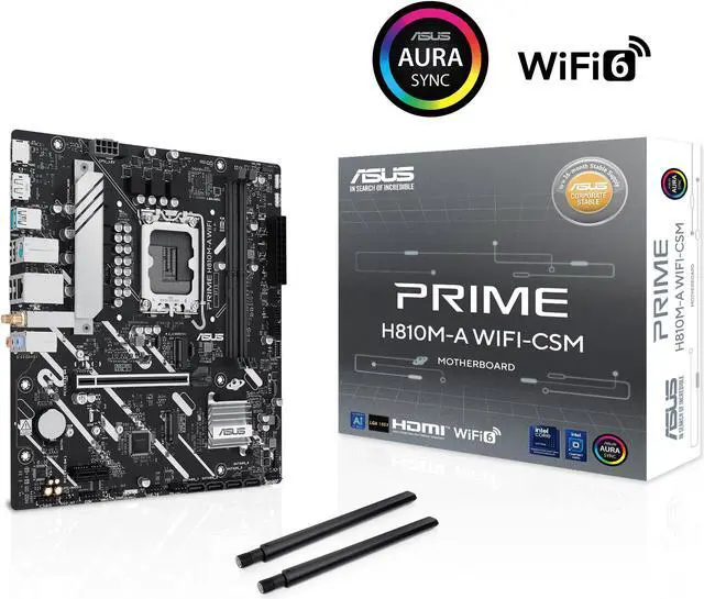 Main image of ASUS PRIME H810M-A WIFI-CSM Intel H810 LGA 1851 mATX motherboard, 6+1+1+1 Discrete MOS, DDR5, PCIe 4.0, 2x M.2, Intel 1Gb Ethernet, Wi-Fi 6, DisplayPort, HDMI, USB 10Gbps, front USB 5Gbps Type-C
