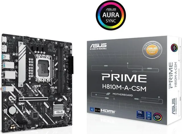 Main image of ASUS PRIME H810M-A-CSM Intel H810 LGA 1851 mATX motherboard, 6+1+1+1 Discrete MOS, DDR5, PCIe 4.0, 2xM.2 slots, Intel 1Gb Ethernet, DisplayPort, HDMI, USB 10Gbps, front USB 5Gbps Type-C