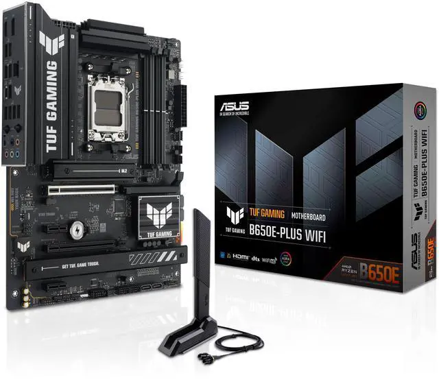 Main image of ASUS TUF GAMING B650E-PLUS WIFI AMD B650 ATX motherboard, 12+2+1 80A DrMOS power stages, DDR5, PCIe 5.0 Ready, 3x M.2, Wi-Fi 6E, 2.5Gb LAN, DisplayPort, HDMI, USB Type-C, BIOS FlashBack, Aura Sync