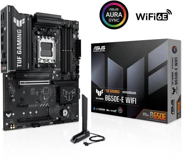 Main image of ASUS TUF GAMING B650E-E WIFI AMD AM5 B650 ATX motherboard, 8+2+1 80A DrMOS stage, DDR5, PCIe 5.0 Ready, 3x M.2, Wi-Fi 6E, 2.5 Gb LAN, DisplayPort, HDMI, USB 20Gbps Type-C, BIOS FlashBack, Aura Sync
