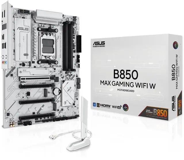 Main image of ASUS B850 MAX GAMING WIFI W - AMD AM5 ATX Motherboard, White PCB, DDR5, PCIe 5.0 Ready, 3x M.2, Wi-Fi 6E, 2.5Gb LAN, USB 10Gbps Type-C, DisplayPort, HDMI, BIOS FlashBack, Aura Sync, ASUS AI Advisor