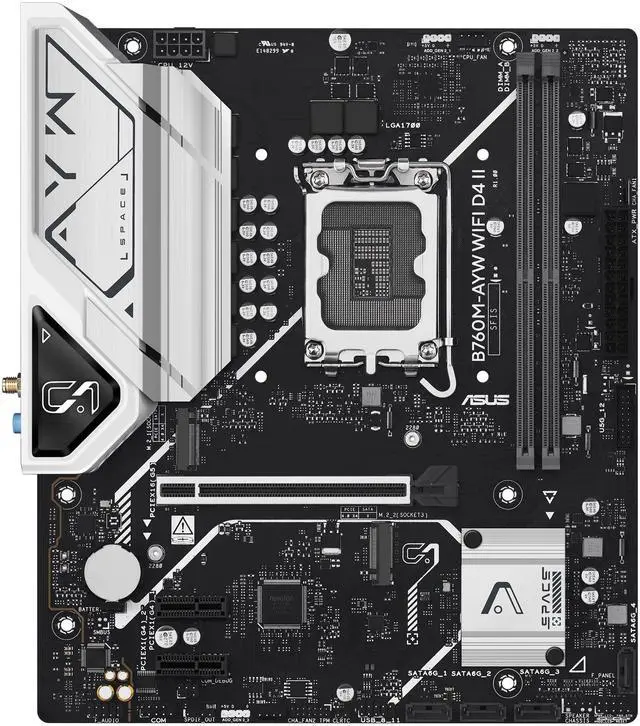 Alt view image 2 of 11 - ASUS B760M-AYW WIFI D4 II Intel B760 (LGA 1700) microATX mATX motherboard, PCIe 5.0 x16 Support, two M.2 slots, DDR4, Realtek 2.5Gb Ethernet, Wi-Fi 6, HDMI, SATA 6 Gbps, front USB 5Gbps, Aura Sync