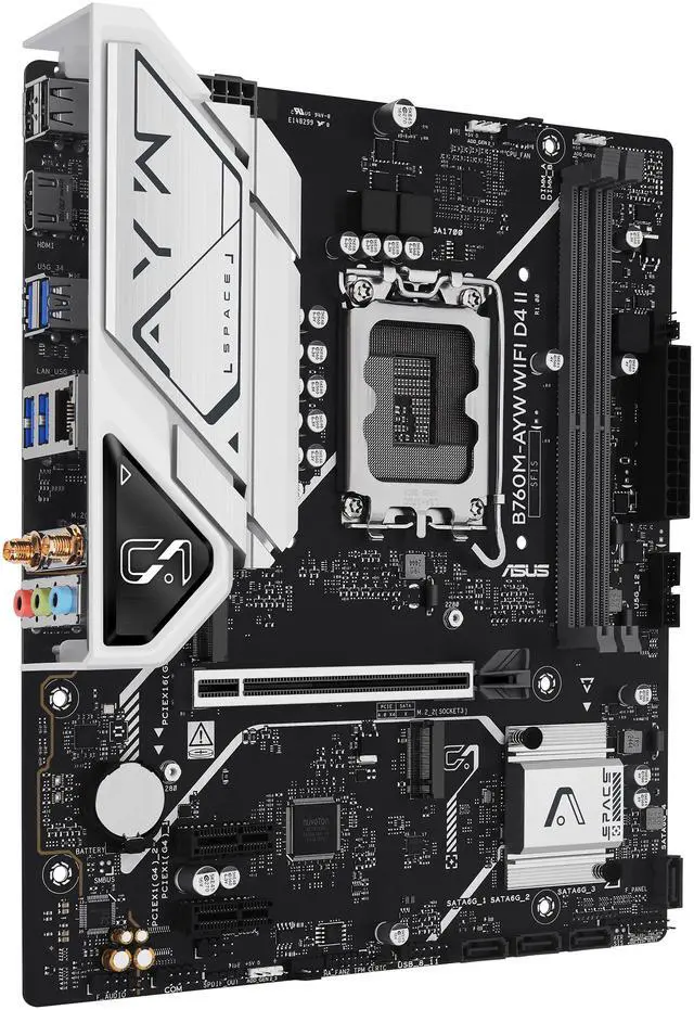 Alt view image 4 of 11 - ASUS B760M-AYW WIFI D4 II Intel B760 (LGA 1700) microATX mATX motherboard, PCIe 5.0 x16 Support, two M.2 slots, DDR4, Realtek 2.5Gb Ethernet, Wi-Fi 6, HDMI, SATA 6 Gbps, front USB 5Gbps, Aura Sync