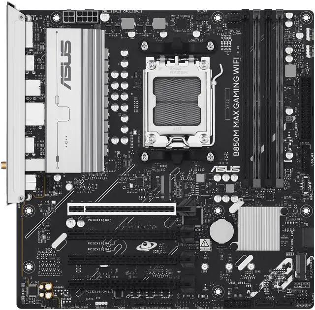 Main image of ASUS B850M MAX GAMING WIFI AMD AM5 B850 mATX motherboard, DDR5, PCIe 5.0 Ready, 3x M.2 slots, Wi-Fi 6, Realtek 1Gb Ethernet, DisplayPort, HDMI, USB 10Gbps Type-A & Type-C, BIOS FlashBack, Aura Sync