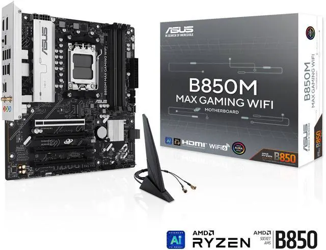 Alt view image 9 of 10 - ASUS B850M MAX GAMING WIFI AMD AM5 B850 mATX motherboard, DDR5, PCIe 5.0 Ready, 3x M.2 slots, Wi-Fi 6, Realtek 1Gb Ethernet, DisplayPort, HDMI, USB 10Gbps Type-A & Type-C, BIOS FlashBack, Aura Sync