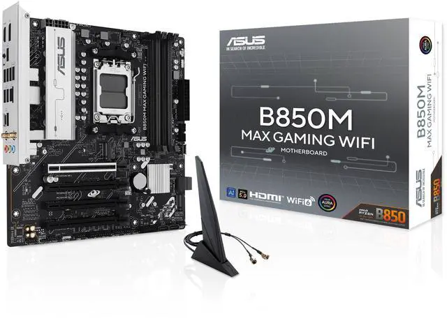 Alt view image 10 of 10 - ASUS B850M MAX GAMING WIFI AMD AM5 B850 mATX motherboard, DDR5, PCIe 5.0 Ready, 3x M.2 slots, Wi-Fi 6, Realtek 1Gb Ethernet, DisplayPort, HDMI, USB 10Gbps Type-A & Type-C, BIOS FlashBack, Aura Sync