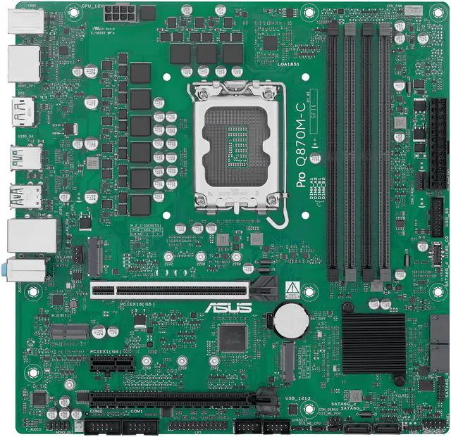Main image of ASUS Pro Q870M-C-CSM motherboard supports Intel Core Ultra (Series 2) & vPro, DDR5, PCIe 5.0 x16, M.2, DisplayPort, HDMI, USB 10Gbps, TPM IC, and ACCE