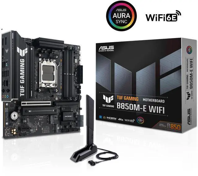 Main image of ASUS TUF GAMING B850M-E WIFI AMD B850 mATX motherboard, 8+2+1 80A DrMOS power stages, DDR5, PCIe 5.0, three M.2 slots, WiFi 6E, 2.5Gb Ethernet, DisplayPort, HDMI, rear USB-C 10Gbps and front USB-C 5Gbps