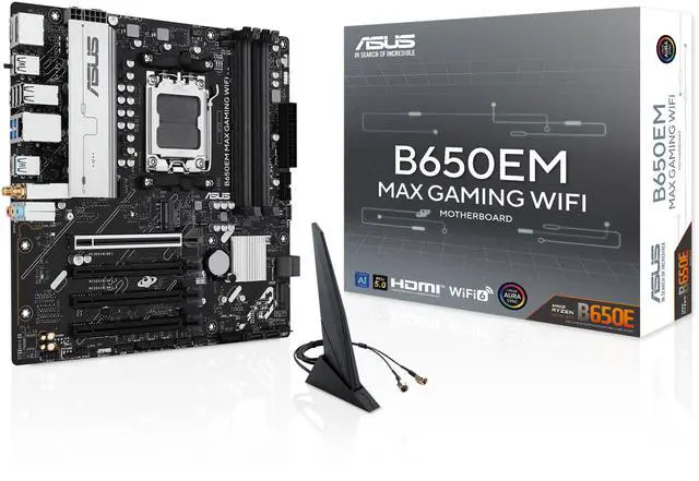 Main image of ASUS B650EM MAX GAMING WIFI AMD B650 (Ryzen AM5) mATX Motherboard (DDR5, PCIe 5.0 x16 & M.2, Triple M.2, WiFi 6, USB 10Gbps Type-C, BIOS FlashBack, Aura Sync)