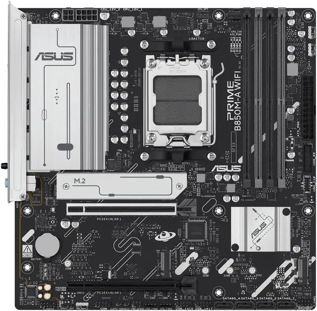 Main image of ASUS PRIME B850M-A WIFI-CSM AMD AM5 B850 mATX motherboard, DDR5, PCIe 5.0 Ready, 3x M.2, Wi-Fi 6E, 2.5Gb LAN, DisplayPort, HDMI, USB Type-C, ASUS Control Center Express Remote IT Management