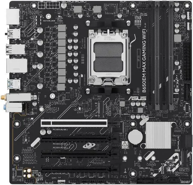 Alt view image 2 of 12 - ASUS B650EM MAX GAMING WIFI AMD B650 mATX motherboard, DDR5, PCIe 5.0 Ready, three M.2 slots, WiFi 6, Realtek 1Gb Ethernet, DisplayPort, HDMI, rear USB 10Gbps Type-A & Type-C ports support, BIOS FlashBack, Aura Sync