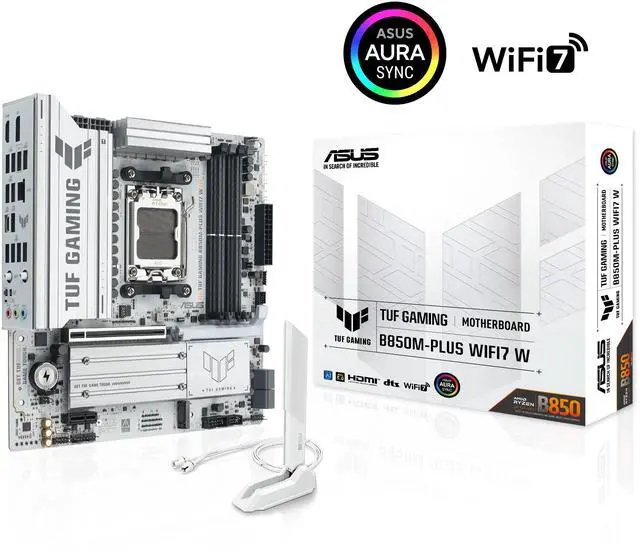 Main image of ASUS TUF GAMING B850M-PLUS WIFI7 W AMD B850 mATX motherboard, 14+2+1 80A DrMOS power stages, DDR5, PCIe 5.0, three M.2 slots, WiFi 7, 2.5Gb Ethernet, DisplayPort, HDMI, rear USB-C 20Gbps and front USB-C 10Gbps