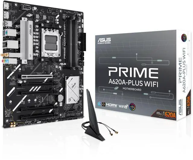 Alt view image 2 of 10 - ASUS PRIME A620A-PLUS WIFI AMD ATX motherboard, 8+2+1 power stages, DDR5, PCIe 4.0 ready, PCIe 4.0 x16 slot, 2x M.2, DisplayPort, HDMI, WiFi 6, 1Gb Ethernet, Rear & Front USB 5Gbps Type-C, SATA 6 Gbps
