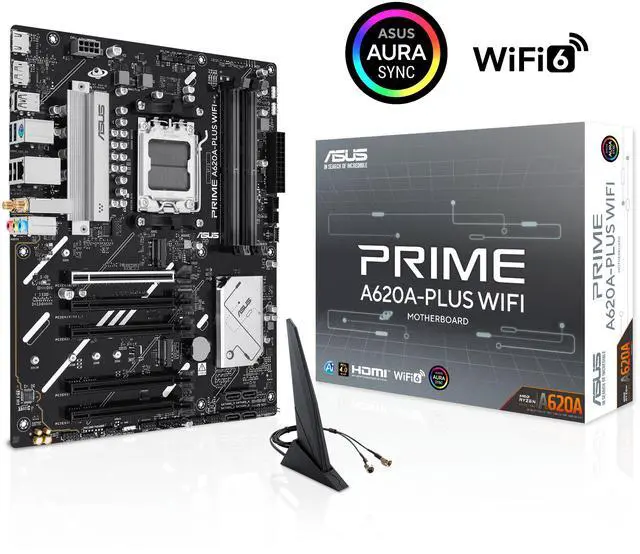 Main image of ASUS PRIME A620A-PLUS WIFI AMD ATX motherboard, 8+2+1 power stages, DDR5, PCIe 4.0 ready, PCIe 4.0 x16 slot, 2x M.2, DisplayPort, HDMI, WiFi 6, 1Gb Ethernet, Rear & Front USB 5Gbps Type-C, SATA 6 Gbps