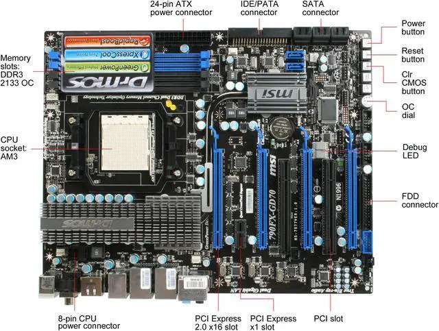 Alt view image 3 of 5 - MSI 790FX-GD70 AM3 AMD 790FX ATX AMD Motherboard
