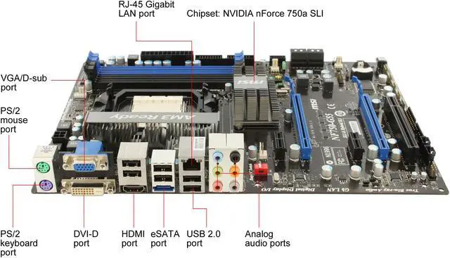 Alt view image 8 of 11 - MSI NF750-G55 AM3 NVIDIA nForce 750a SLI HDMI ATX AMD Motherboard