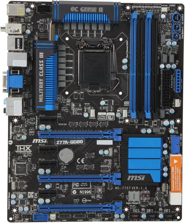 Alt view image 3 of 5 - MSI Z77A-GD80 LGA 1155 Intel Z77 HDMI USB 3.0 ATX Intel Motherboard with UEFI BIOS and Thunderbolt