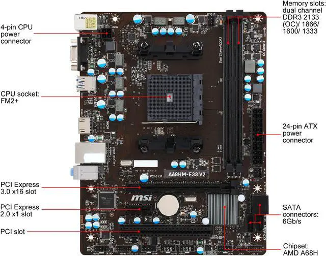 Alt view image 5 of 7 - MSI A68HM-E33 V2 FM2+ AMD A68H USB 3.0 HDMI Micro ATX AMD Motherboard