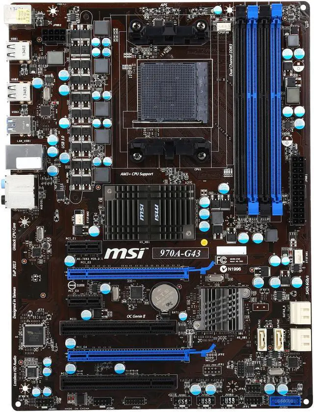 Alt view image 3 of 5 - MSI 970A-G43 AM3+ AMD 970 + SB950 6 x SATA 6Gb/s ports by AMD SB950
- Supports storage and data transfers at up to 6Gb/s USB 3.0 ATX AMD Motherboard Certified Refurbished