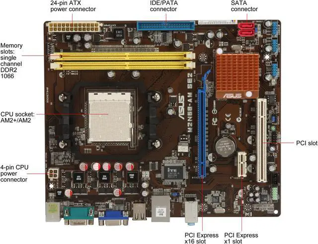 Alt view image 3 of 5 - ASUS M2N68-AM SE2 AM2+/AM2 NVIDIA GeForce 7025 / nForce 630a Micro ATX AMD Motherboard