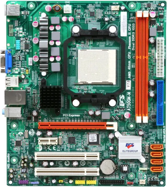 Alt view image 3 of 5 - ECS A750GM-M (V7.0) AM3 AMD 740G Micro ATX AMD Motherboard