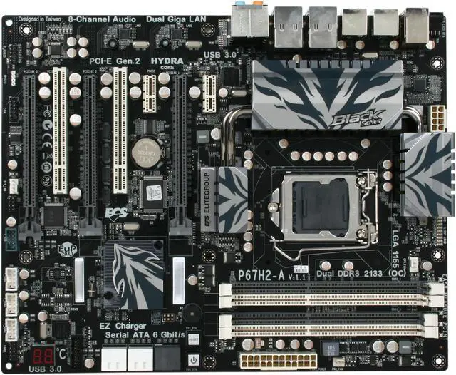 Alt view image 3 of 5 - ECS Black Extreme P67H2-A Hydra LGA 1155 Intel P67 SATA 6Gb/s USB 3.0 ATX Intel Motherboard