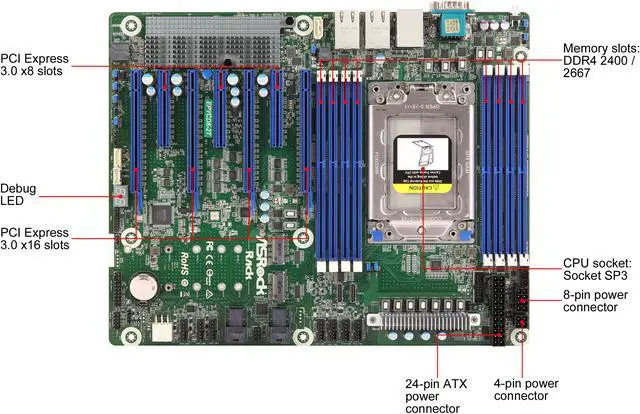 Alt view image 2 of 4 - AsRock Rack EPYCD8-2T ATX Server Motherboard AMD EPYC 7002/7001 (Naples/Rome) Series SP3 LGA4094 Dual 10 GLAN