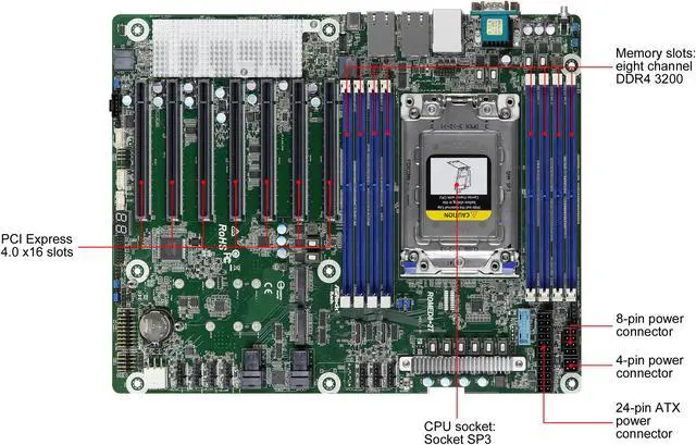 Alt view image 2 of 7 - Asrock Rack ROMED8-2T Server Motherboard AMD EPYC 7003 (with AMD 3D V-Cache Technology)/7002 series processors SP3 (LGA 4094) Dual 10GbE