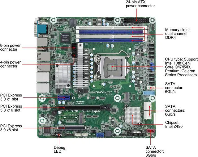 Alt view image 2 of 7 - AsRock Rack Z490D4U-2L2T mATX Server Motherboard Intel 10th Gen. Core i9/i7/i5/i3, Pentium, Celeron Series Processors Z490