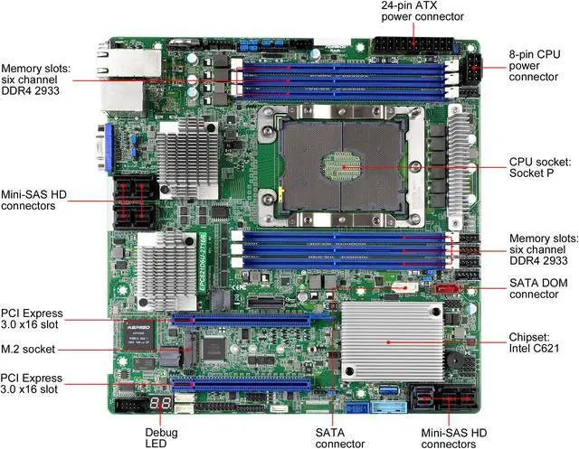 Alt view image 2 of 7 - AsRock Rack EPC621D6U-2T16R Micro ATX Server Motherboard LGA3647 Intel C621 Dual 10 GLAN LSI3616