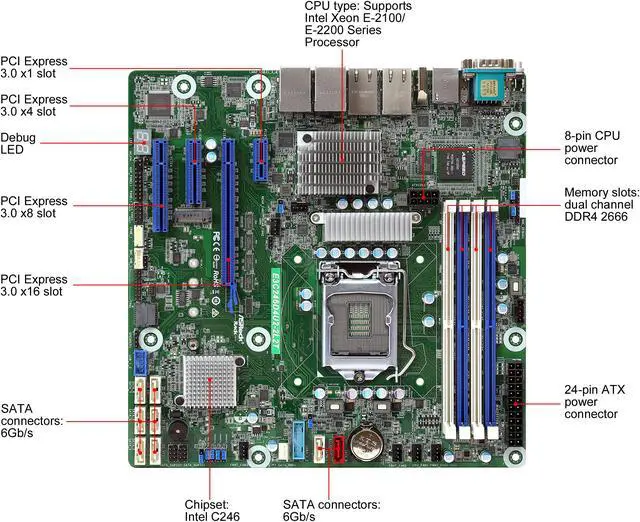 Alt view image 2 of 5 - AsRock Rack E3C246D4U2-2L2T Micro ATX Server Motherboard Intel E-2100/E-2200 Series LGA1151 C246 Dual 10 GALN