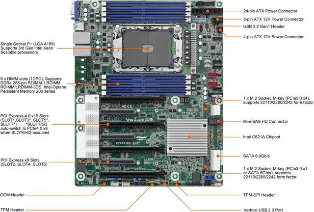 Alt view image 2 of 6 - AsRock Rack SPC621D8 ATX Server Motherboard Single Socket P+ (LGA 4189) 3rd Gen Intel® Xeon® Scalable Processors C621A