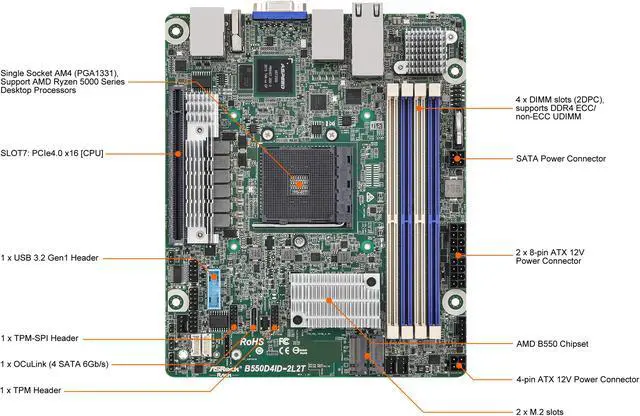 Alt view image 2 of 7 - AsRock Rack B550D4ID-2L2T Deep mini-ITX Server Motherboard AMD Ryzen 5000 Series AM4 (PGA 1331) B550 Dual 1GbE+10GbE