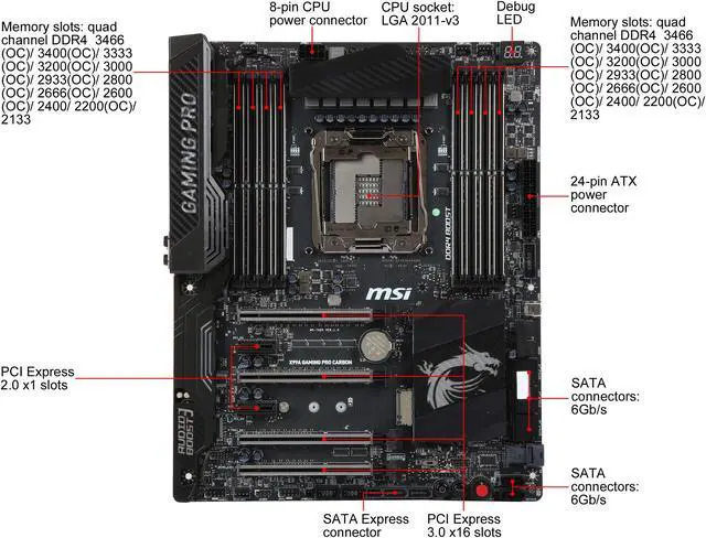 Alt view image 3 of 5 - MSI X99A GAMING PRO CARBON LGA 2011-v3 Intel X99 USB 3.1 ATX Intel Motherboard