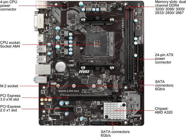 Alt view image 2 of 10 - MSI A320M-A PRO MAX AM4 AMD A320 Micro ATX AMD Motherboard