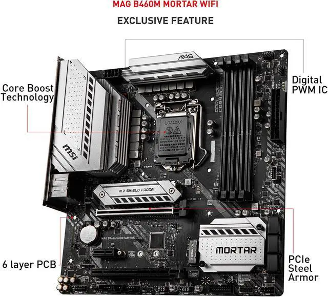Alt view image 4 of 11 - MSI MAG B460M MORTAR WIFI LGA 1200 Intel B460 Micro ATX Intel Motherboard