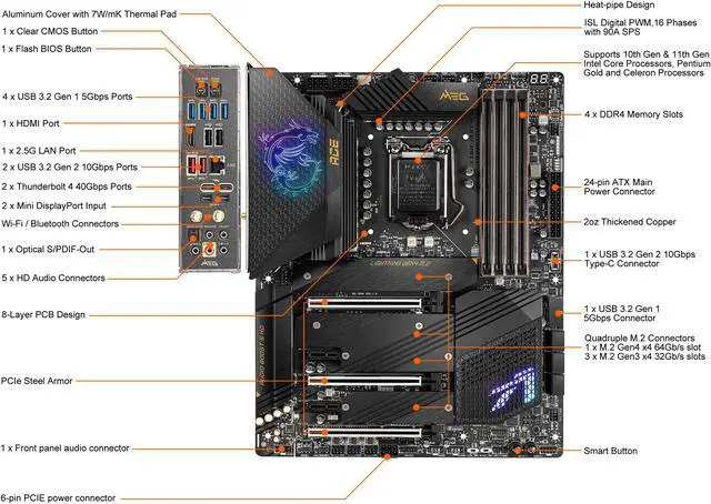 Alt view image 2 of 8 - MSI MEG Z590 ACE LGA 1200 Intel Z590 ATX Intel Motherboard