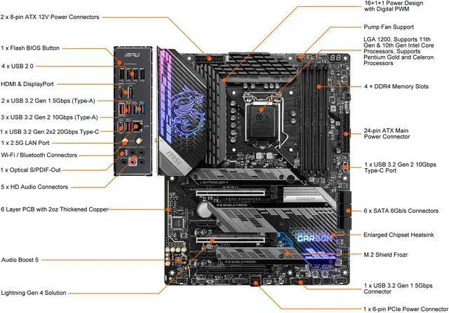 Alt view image 2 of 9 - MSI MPG Z590 GAMING CARBON WIFI LGA 1200 Intel Z590 ATX Intel Motherboard