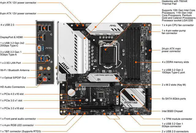 Alt view image 2 of 9 - MSI MAG B560M MORTAR WIFI LGA 1200 Intel B560 Micro ATX Intel Motherboard