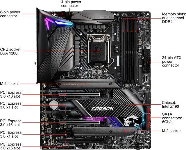Alt view image 2 of 7 - MSI MPG Z490 GAMING CARBON WIFI LGA 1200 Intel Z490 ATX Intel Motherboard
