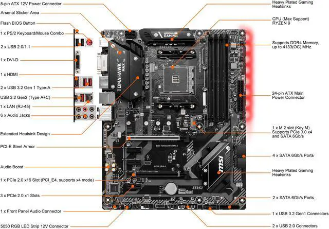 Alt view image 6 of 7 - MSI B450 TOMAHAWK MAX AM4 AMD B450 ATX AMD Motherboard