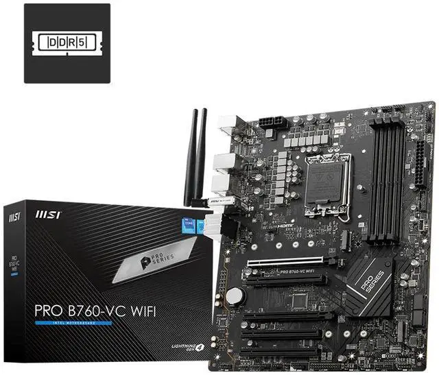 Main image of MSI PRO B760-VC WIFI ProSeries Motherboard, Intel B760 LGA 1700 ATX, DDR5 7000+(OC) up to 256GB, PCIe 4.0, 2x M.2, 2.5G LAN, Wi-Fi 5, Bluetooth 5.1, USB 3.2 Gen 2 Type-C, Supports 12th/13th/14th Gen Intel Core