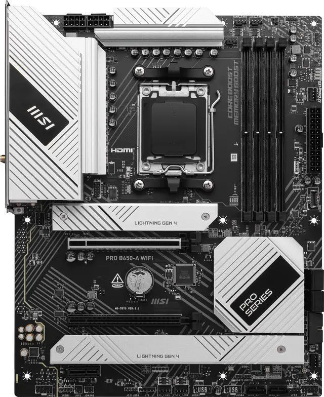 Alt view image 2 of 7 - MSI PRO B650-A WIFI AM5 DDR5 AMD B650 SATA 6Gb/s 2.5G LAN Wi-Fi 6E, Bluetooth 8-Channel (7.1) HD Audio AMD Ryzen 9000 / 8000 / 7000 ATX Motherboard