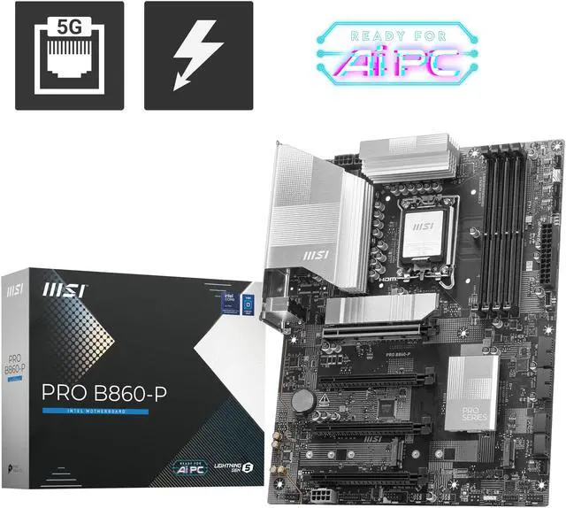 Main image of MSI PRO B860-P WIFI LGA 1851 Intel B860 SATA 6Gb/s DDR5 PCI-E x16 slot  M.2 Thunderbolt4 5Gbps LAN Wi-Fi 7 ATX Motherboard