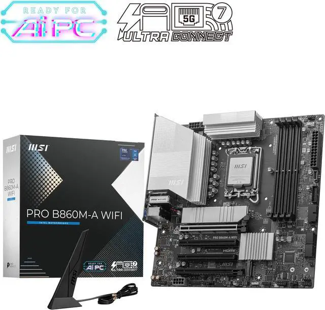 Main image of MSI PRO B860M-A WIFI LGA 1851 Intel B860 SATA 6Gb/s DDR5 PCI-E x16 slot M.2 Thunderbolt4 5Gbps LAN Wi-Fi 7 Micro ATX Motherboard